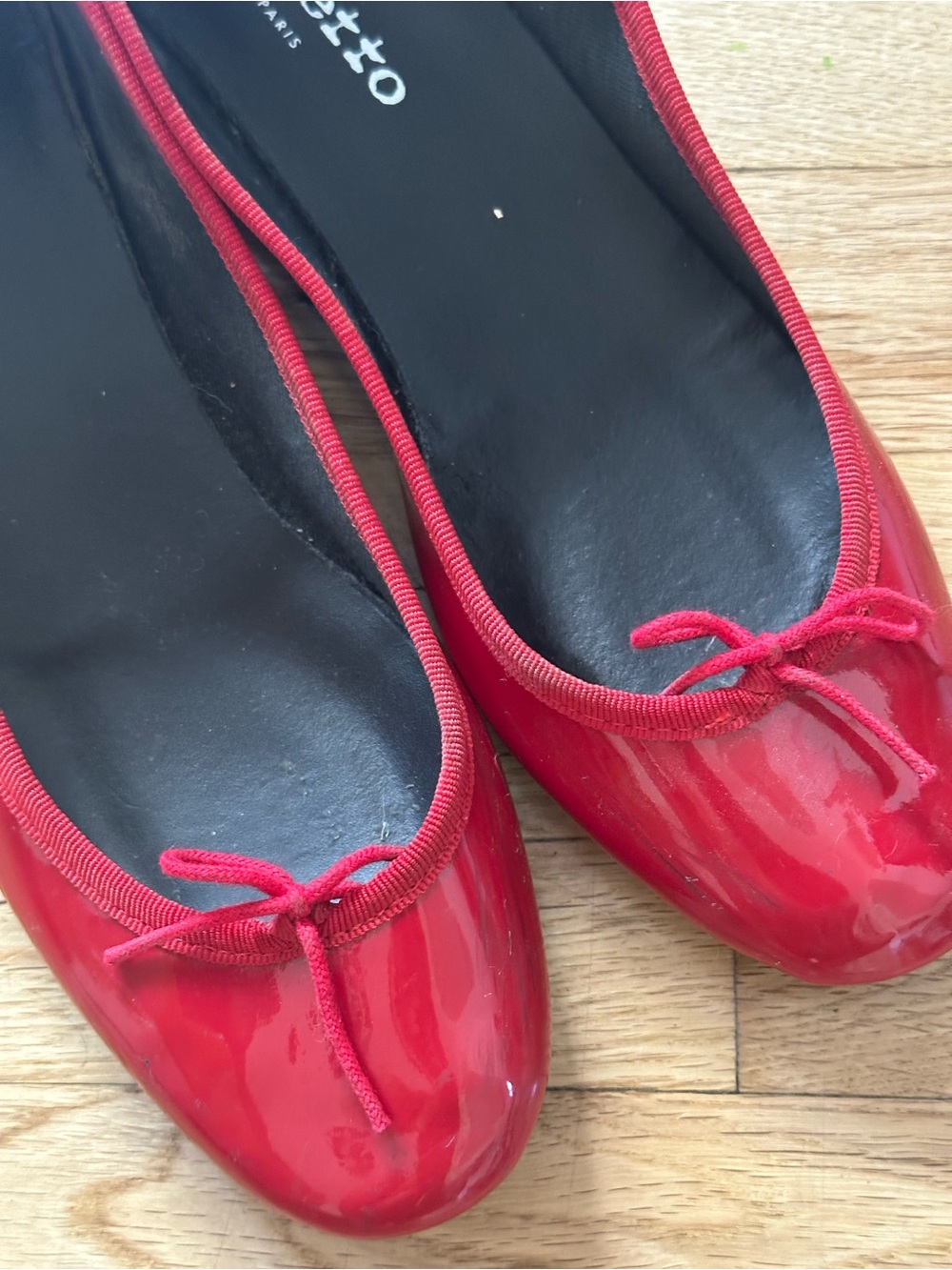 Repetto Red Patent Ballet Flats with Low Block Heel and Bow - Picture 2 of 6